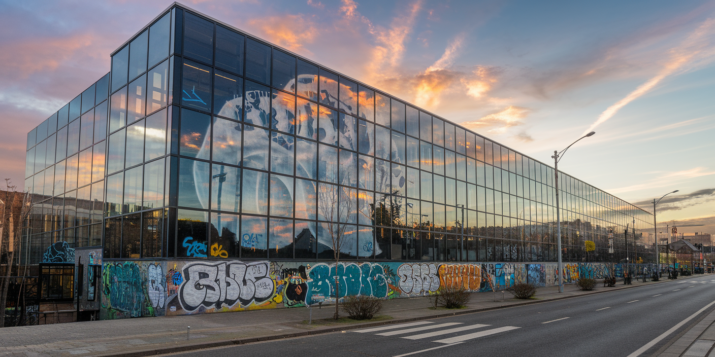 Graffitientfernung Düsseldorf - Ein Gebäude mit großer lasfront auf dem viel Graffiti zu sehen ist.